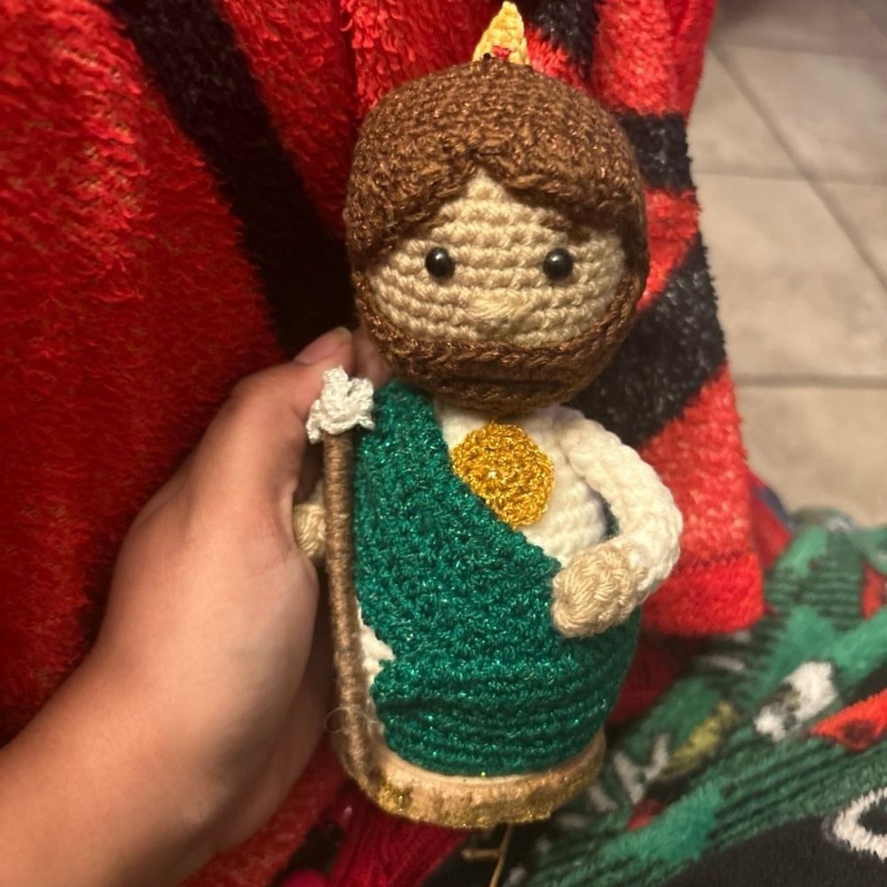 Handmade Crochet Saint Jude with Green and Gold Accents